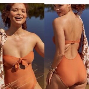 * Aerie Medium one piece full coverage swimsuit bandana tie brown/orange